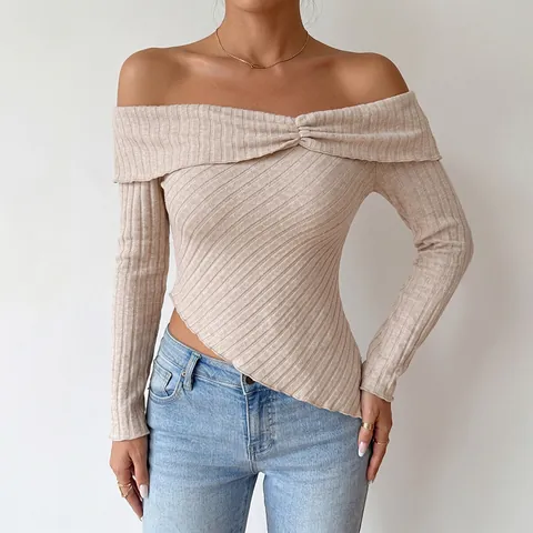 Women Off-The-Shoulder Long Sleeve T-Shirt Sexy Ribbed Knit Twist Front Asymmetrical Hem Slim Fit Casual Solid Color Top