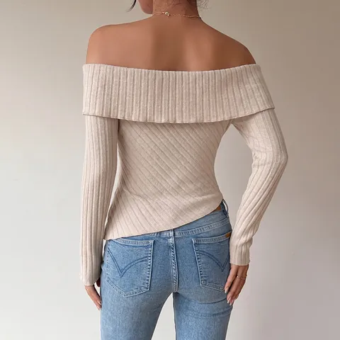 Camiseta para Mujer Hombros Descubiertos Tejido Acanalado Dobladillo Irregular Manga Larga Nudo Slim Fit Sexy Color Sólido