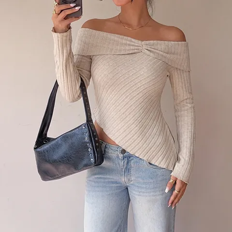 Damen Schulterfrei Langarm T-Shirt Sexy Geripptes Strickoberteil Mit Knoten Unregelmäßiger Saum Slim Fit Einfarbiges Tee