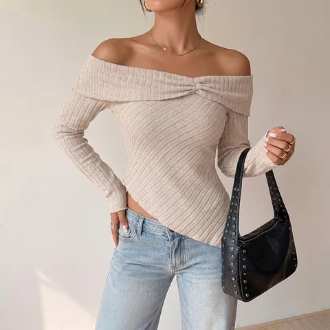 Camiseta para Mujer Hombros Descubiertos Tejido Acanalado Dobladillo Irregular Manga Larga Nudo Slim Fit Sexy Color Sólido