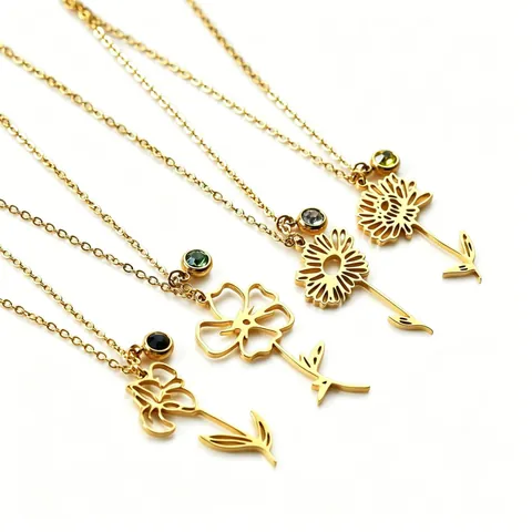 Collar con Colgante de Flor del Mes de Nacimiento de Acero Inoxidable Tonos Oro Plata Zirconia Piedra de Nacimiento Collares Florales para Mujer Joyería de Regalo