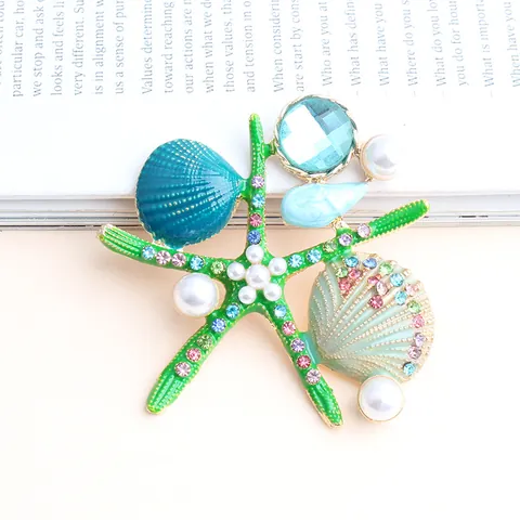 Starfish Shell Marine Enamel Brooch Alloy Rhinestone Faux Artificial Pearl Pin Fashion Jewelry For Women Banquet Party Accessories