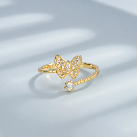 S925 Sterling Silver Butterfly Open Ring For Women Minimalist Adjustable Zirconia Finger Ring Korean Forest Style Jewelry