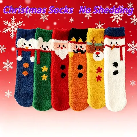 Damen Weiche Korallenvlies Weihnachtssocken Flauschige Winter Warme Schlaf Socken Mit Weihnachtsmann Schneemann Rentier Muster Haus Boden Socken