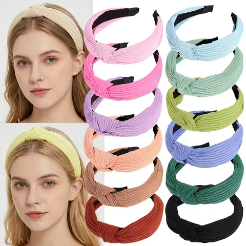 Women Wide Ribbed Knot Headband Solid Color Floral Bird Print Knit Cross Twist Hair Band Fashion Hair Accessories