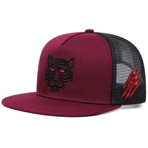 Casquette Trucker Broderie 3D Tête De Tigre Maille Respirante Visière Plate Hip Hop Baseball Réglable Streetwear