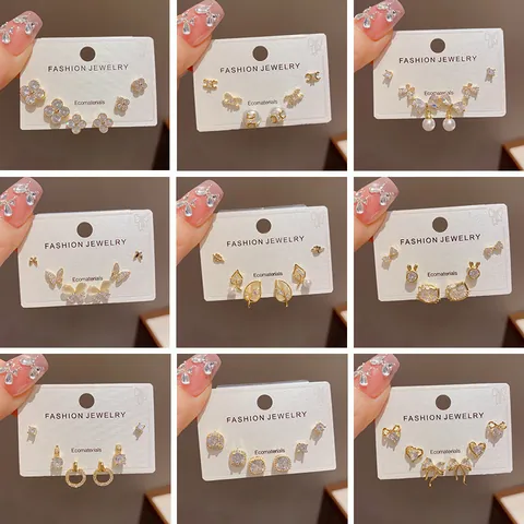 Set di 3 Paia di Orecchini a Bottone Semplici Piccoli per Donna Perno in Argento Sterling 925 Rame Placcato Oro Strass Perle Artificiali Gioielli