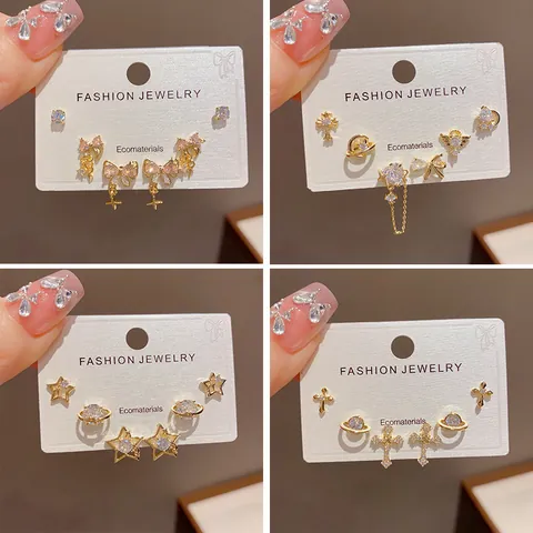 Set di 3 Paia di Orecchini a Bottone Semplici Piccoli per Donna Perno in Argento Sterling 925 Rame Placcato Oro Strass Perle Artificiali Gioielli