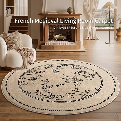 Round French Vintage Floral Carpet Waterproof Non-Slip Stain Resistant Polyester Cotton Blend Rug For Living Room Bedroom