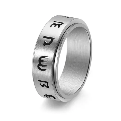 Anillo Giratorio de Mantra de Seis Sílabas de Acero Inoxidable para Hombre Retro Cepillado Religioso Budista para Aliviar Estrés