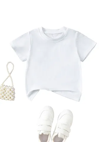Childrens T-Shirt Cotton Blend Solid Color Round Neck Short Sleeve Loose Fit Dropped Shoulder Top Boys Girls Kids