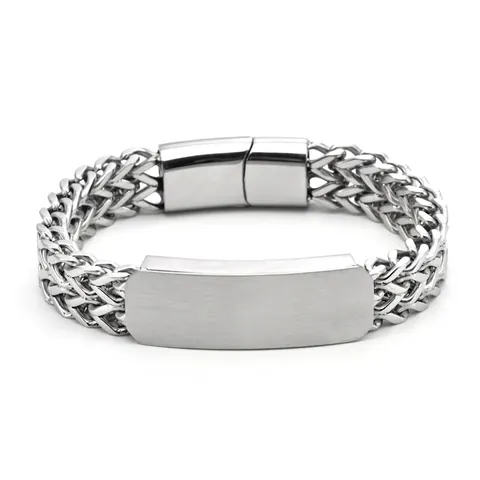 Men's Punk Double Layer Titanium Steel Wheat Chain Bracelet Rectangular ID Plate Magnetic Clasp Hip Hop Jewelry For Men
