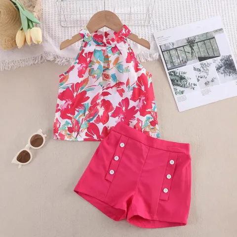 Girls Summer Floral Halter Top And Shorts Outfit Cotton Blend Casual Vacation Clothing Outfit For Kids Rose Red Pink
