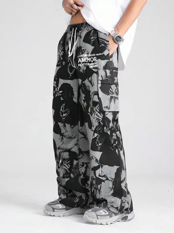 Unisex High Street Wide Leg Casual Pants Full Portrait Print Drawstring Loose Cargo Trousers Streetwear Graphic Pants