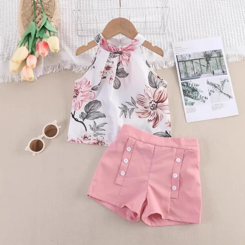 Girls Summer Floral Halter Top And Shorts Outfit Cotton Blend Casual Vacation Clothing Outfit For Kids Rose Red Pink