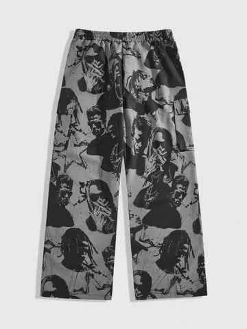 Unisex High Street Wide Leg Casual Pants Full Portrait Print Drawstring Loose Cargo Trousers Streetwear Graphic Pants