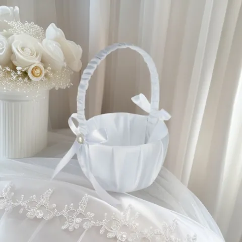 Weißer Satin Hochzeit Blumenmädchen Korb Mit Künstlichem Perlen Griff Und Bandschleife Dekorativer Korb Für Hochzeitszeremonie Party