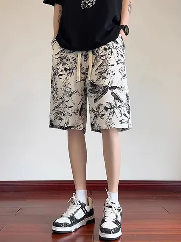Short Décontracté à Séchage Rapide pour Homme Imprimé Botanique Style Lavis Été Plage Short de Surf Style Chinois