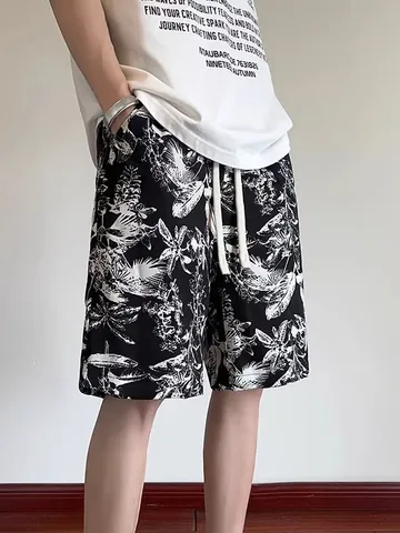 Short Décontracté à Séchage Rapide pour Homme Imprimé Botanique Style Lavis Été Plage Short de Surf Style Chinois