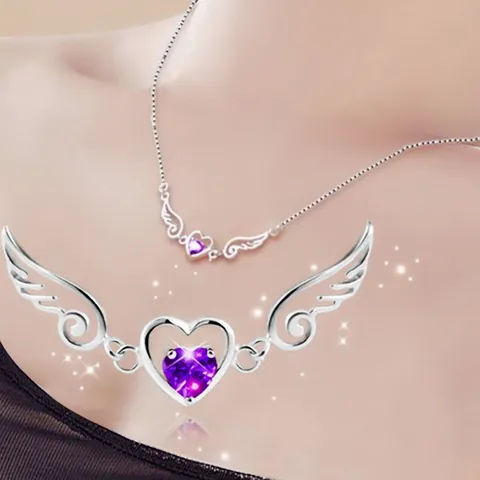 Angel Wings Heart Pendant Necklace For Women Copper Rhinestone Inlaid Romantic Jewelry Valentine Day Gift