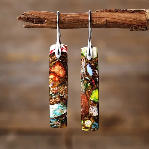 Bohemian Geometric Natural Stone Drop Earrings For Women Luxury Copper Gold Silver Plated Rectangular Ethnic Fashion Jewelry