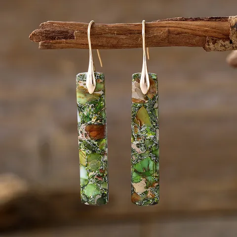 Bohemian Geometric Natural Stone Drop Earrings For Women Luxury Copper Gold Silver Plated Rectangular Ethnic Fashion Jewelry