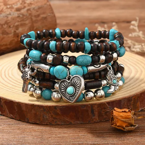 Bracelet Multicouche Bohème en Perles de Bois Pendentif Cœur Tête de Taureau Botte Style Turquoise Bijoux Vintage Femme Homme