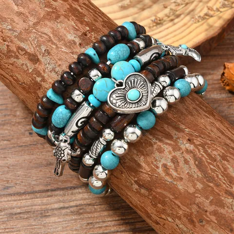 Bracelet Multicouche Bohème en Perles de Bois Pendentif Cœur Tête de Taureau Botte Style Turquoise Bijoux Vintage Femme Homme