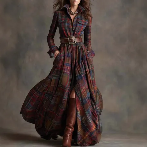 Women French Vintage Plaid Maxi Dress Elegant Slim Fit Irregular Hem Shirt Dress Long Sleeve Belted Swing Party Gown