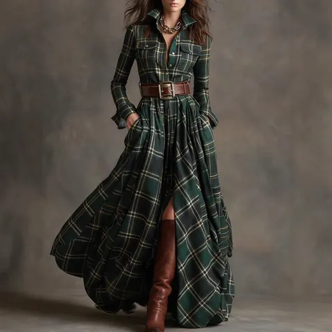 Women French Vintage Plaid Maxi Dress Elegant Slim Fit Irregular Hem Shirt Dress Long Sleeve Belted Swing Party Gown