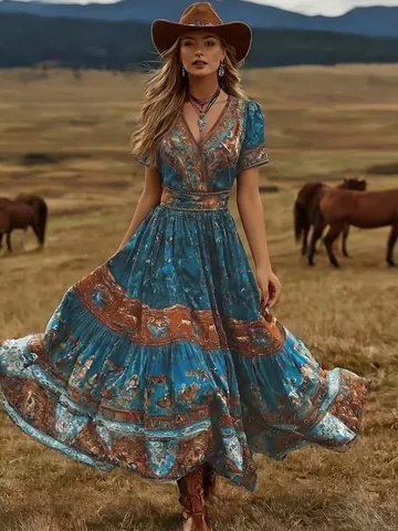 Damen Bohemian V-Ausschnitt Blumenmuster Maxi Kleid Ethno Tribal Langarm Ausgestelltes Luftiges Urlaub Strand Party Langes Kleid