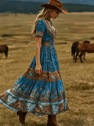 Damen Bohemian V-Ausschnitt Blumenmuster Maxi Kleid Ethno Tribal Langarm Ausgestelltes Luftiges Urlaub Strand Party Langes Kleid