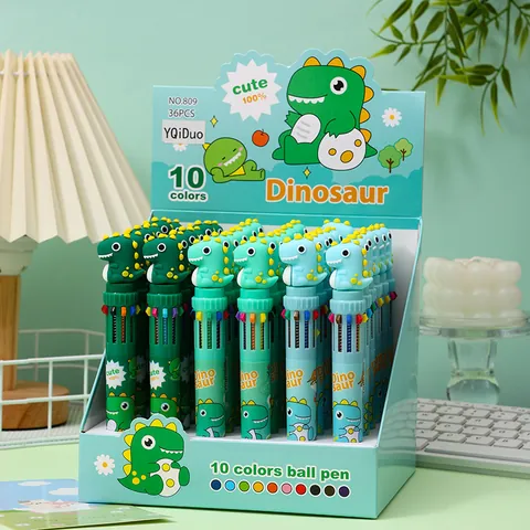 Cartoon Dinosaur Ten Color Ballpoint Pen Cute Multi Color Ink Push Button Pen Creative School Stationery Student Gift