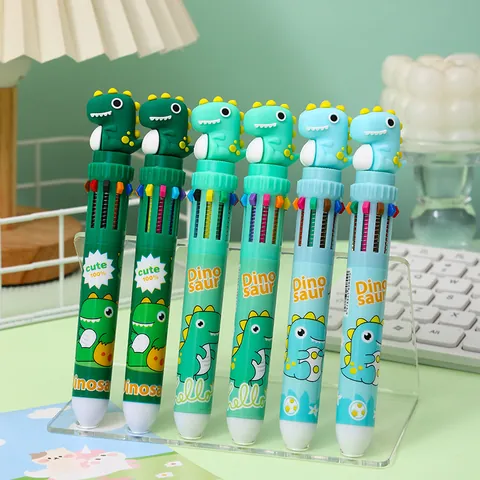 Cartoon Dinosaur Ten Color Ballpoint Pen Cute Multi Color Ink Push Button Pen Creative School Stationery Student Gift