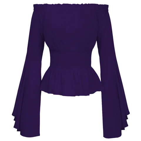Dames Renaissance Middeleeuwse Off-The-Shoulder Uitlopende Mouwen Blouse met Lange Mouwen Vintage Gotisch Gerimpelde Taille