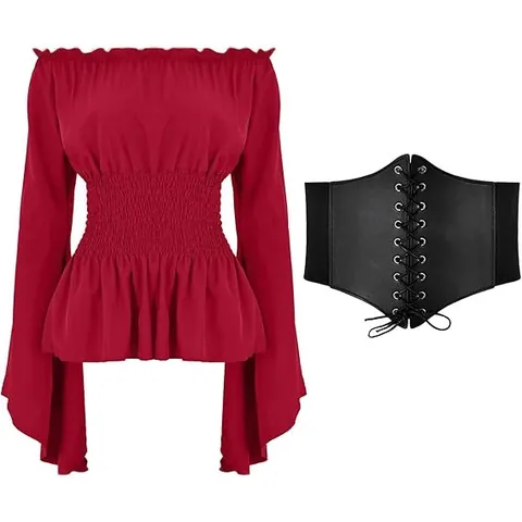 Dames Renaissance Middeleeuwse Off-The-Shoulder Uitlopende Mouwen Blouse met Lange Mouwen Vintage Gotisch Gerimpelde Taille