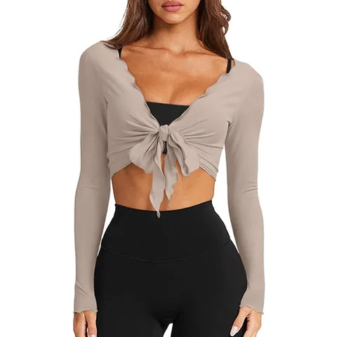 Women Sexy V-Neck Knot Front Knit Top Slim Fit Long Sleeve Cropped Sweater Solid Color Scalloped Edge Streetwear Jumper