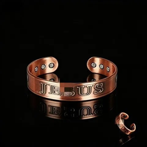 Vintage Zinklegierung Magnettherapie Armband Ring Set Antikes Rotkupfer Gebürstet Jesus Religiöser Schmuck Für Herren Damen