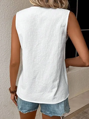 Women Summer Sleeveless V Neck Lace Patchwork Top Solid Color Loose Cotton Casual Splicing Blouse Shirt For Ladies