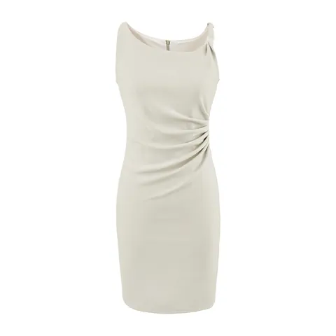 Robe Midi Moulante Sans Manches Élégante pour Femmes Été Sexy Style OL Taille Plissée Fermeture Éclair Dos Robe Polyester Coupe Slim