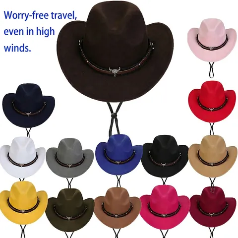 Δυτικό Καπέλο Cowboy από Πολυεστερική Τσόχα Πλατύ Γείσο Jazz Με Μεταλλική Διακόσμηση Κεφαλής Ταύρου και Ρυθμιζόμενο Σχοινί