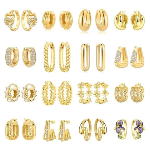 18K Gold Plated Copper Hoop Earrings For Women Star Fleur-de-lis Heart Pattern Zirconia Inlaid Enamel Fashion Jewelry