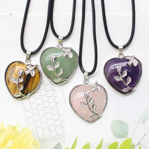 Natuurlijke Kristalsteen Hart Hanger Ketting Zilveren Zinklegering Roos Bloem Ontwerp Zwart Koord Ketting Voor Vrouwen Mode Sieraden