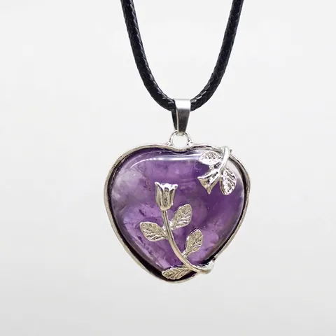 Natuurlijke Kristalsteen Hart Hanger Ketting Zilveren Zinklegering Roos Bloem Ontwerp Zwart Koord Ketting Voor Vrouwen Mode Sieraden