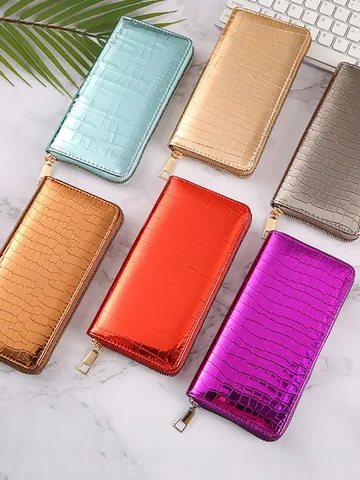 Damen Steinmuster Glänzendes PU-Leder Lange Geldbörse Westliche Mode Metall Reißverschluss Clutch Große Kapazität Kartenhalter Handtasche