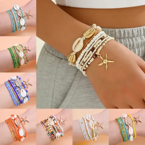 Heißer Verkauf Bohemian Sommer Strandurlaub Seestern Muschel Perlenarmband Kordel Gewebtes Armband