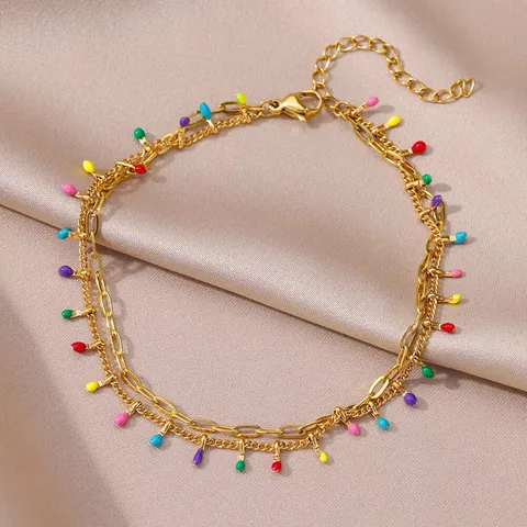 Boheemse Roestvrijstalen Boze Oog Enkelbandje Voor Dames Kleurrijke Emaille Kraal Dubbellaags Strand Waterdicht Sieraden Verstelbare Hart Hanger Voetketting