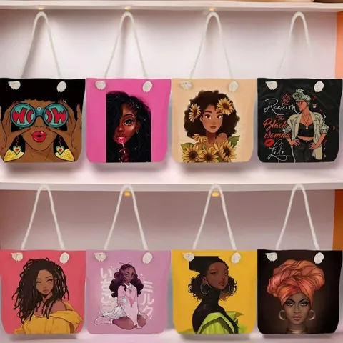 Vintage African Woman Figure Print Polyester Tote Bag With Thick Rope Handle Large Capacity Casual Beach Shoulder Bag For Women