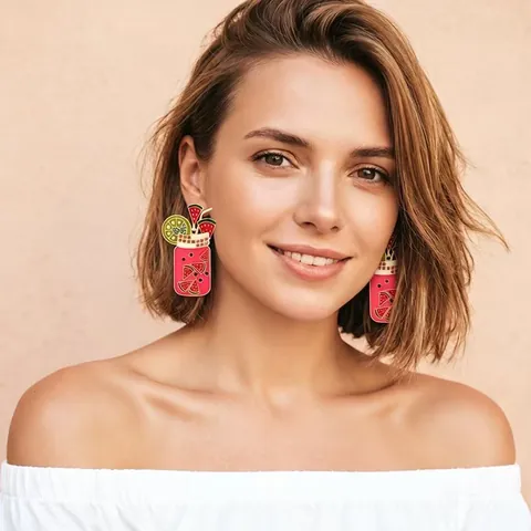 Watermelon Juice Cup Earrings Alloy Enamel Pink Rhinestone Stainless Steel Earring Post Summer Novelty Jewelry For Women