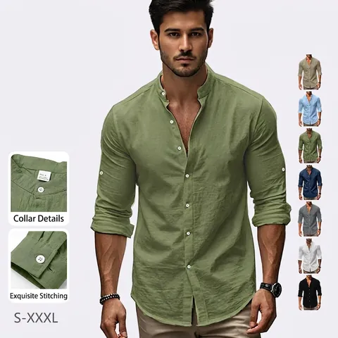 Men Casual Shirt Linen Blend Stand Collar Henley Long Sleeve Button Down Solid Color Breathable Lightweight Slim Fit Top